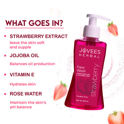 Jovees Herbal Strawberry Face Wash bottle with pink and red packaging, containing natural herbal ingredients for facial cleansing.