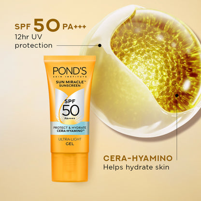 POND’S Sun Miracle SPF 50 PA+++ Crème Gel Sunscreen - Protect & Hydrate, With Hyaluronic Acid