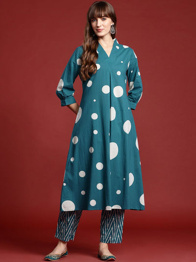 Dhiyona IE Printed Pleated Pure Cotton Kurta with Trousers
