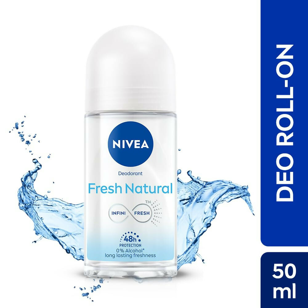 Nivea Fresh Natural Roll-On underarm cream for women, 48-hour smooth and fresh underarms, applied on clean skin.