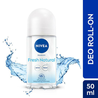 Nivea Fresh Natural Roll-On underarm cream for women, 48-hour smooth and fresh underarms, applied on clean skin.