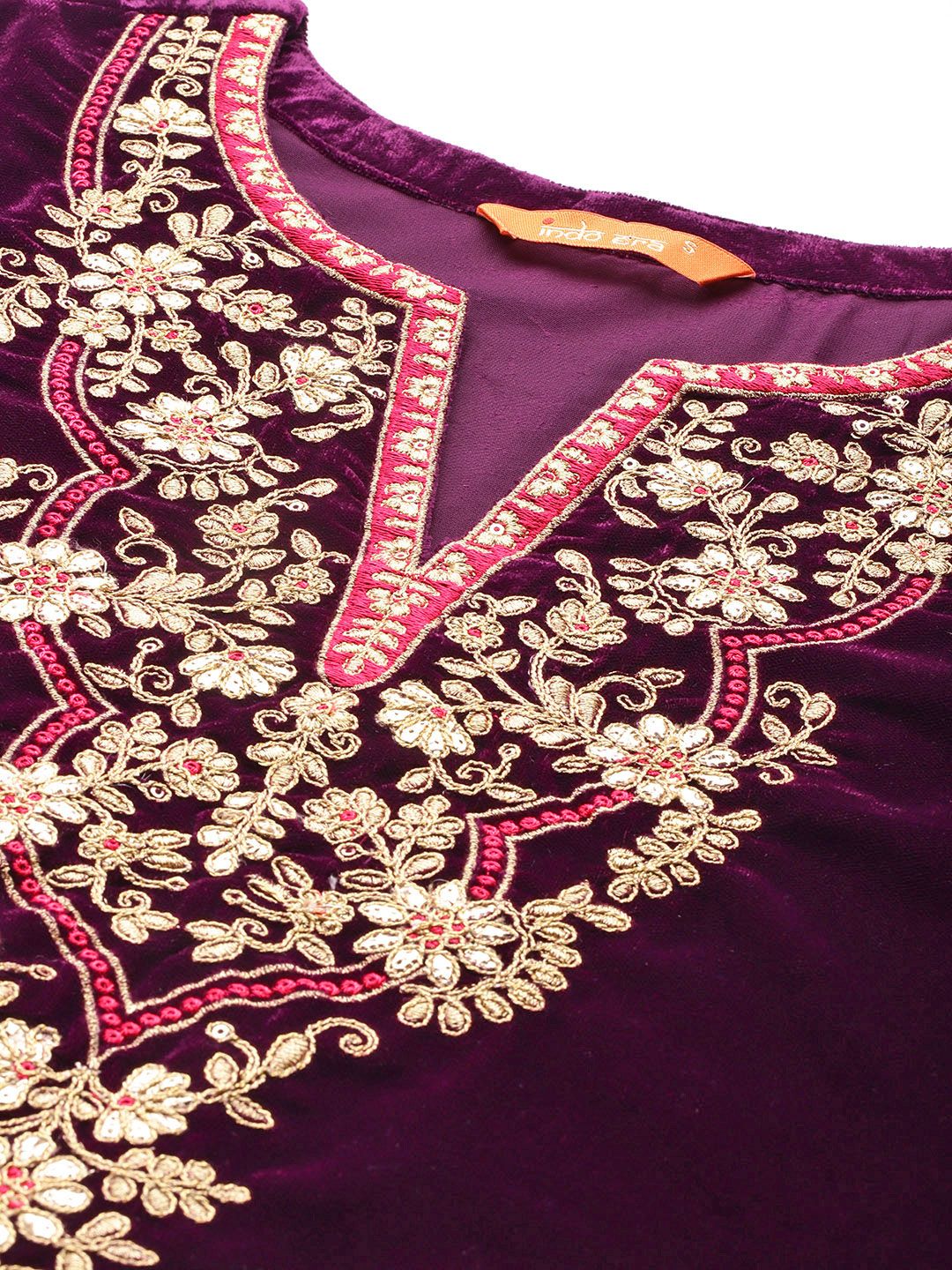 Indyancart IE Ethnic Motifs Embroidered Zari Velvet Kurta With Trousers & Dupatta