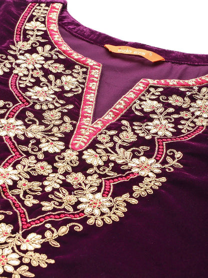 Indyancart IE Ethnic Motifs Embroidered Zari Velvet Kurta With Trousers & Dupatta