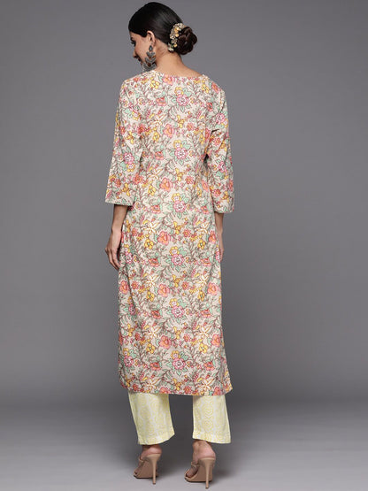 Indyancart VA Women's Beige Floral Printed Beads and Stones Pure Cotton Kurta with Trousers