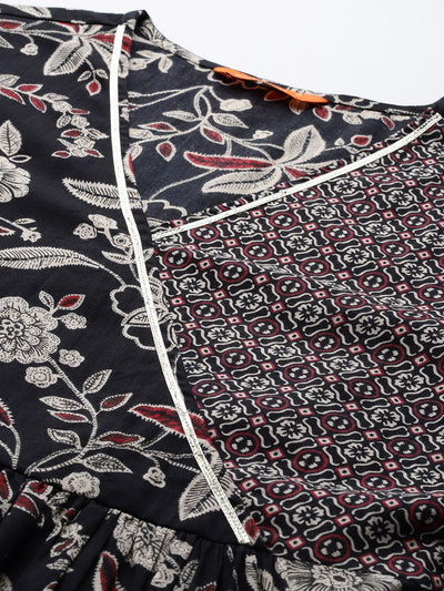 Indyancart IE Floral Printed Angrakha Gotta Patti Pure Cotton Kurta Set & Dupatta