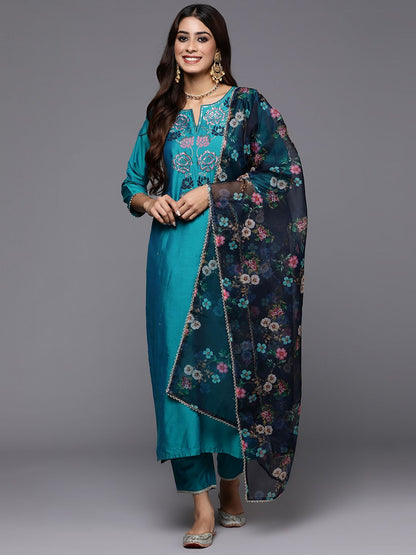 Dhiyona IE Women Teal Floral Embroidered Regular Thread Work Kurta with Trousers & With Dupatta
