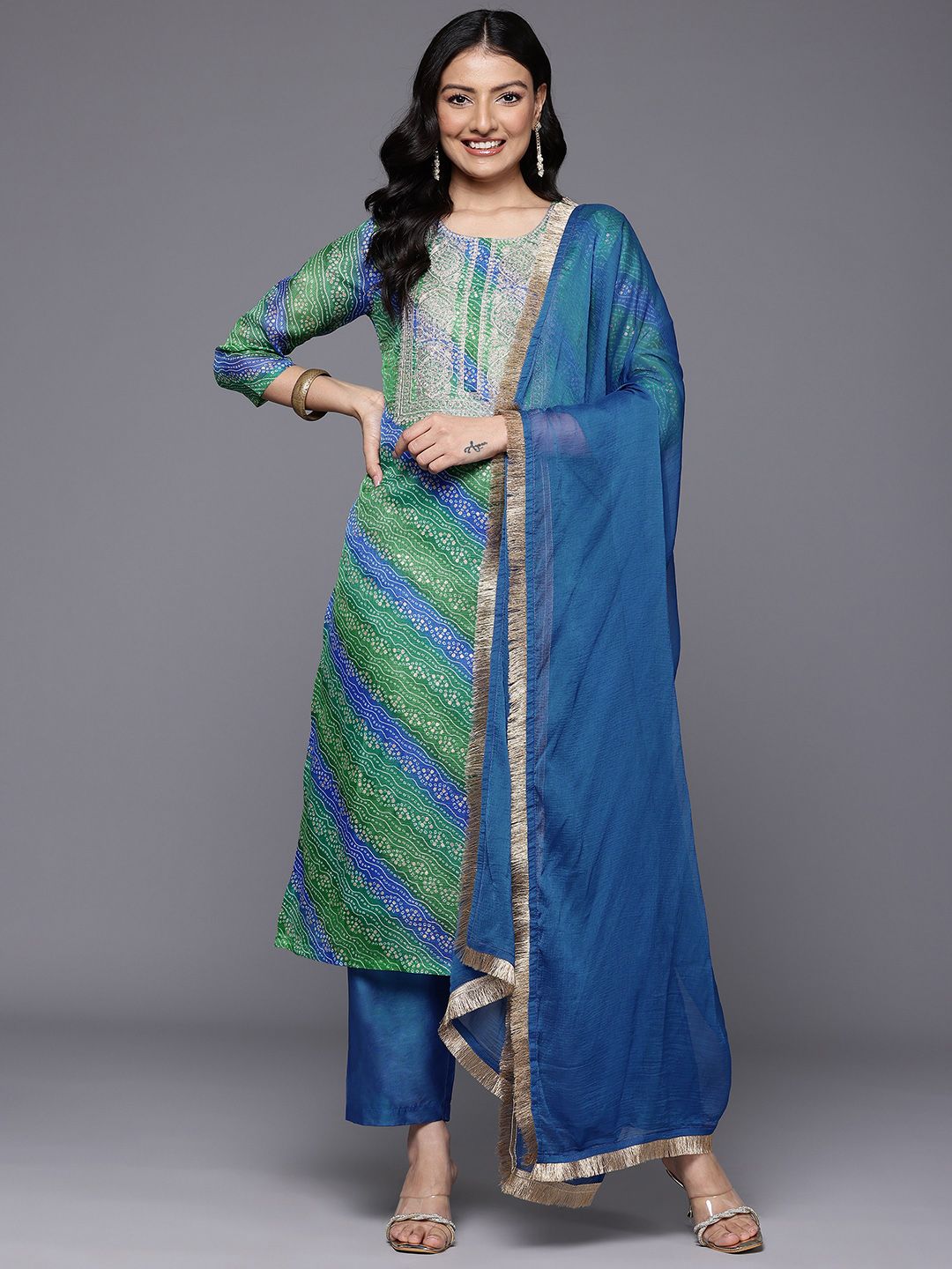 Dhiyona VA Women's Bandhani Printed Zari Embroidered Kurta with Trousers & With Dupatta