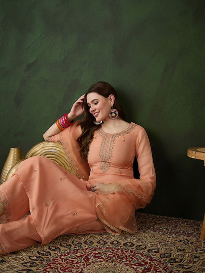 Indyancart SN Women's Peach Floral Embroidered Zari Straight Kurta With Trouser And Dupatta