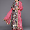 Dhiyona VA Women's Grey Floral Printed Gotta Patti Pure Cotton Kurta with Sharara & With Dupatta