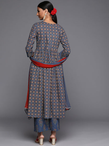 Indyancart VA Women's Blue Ethnic Motifs Printed Pure Cotton Kurta with Trousers & Dupatta