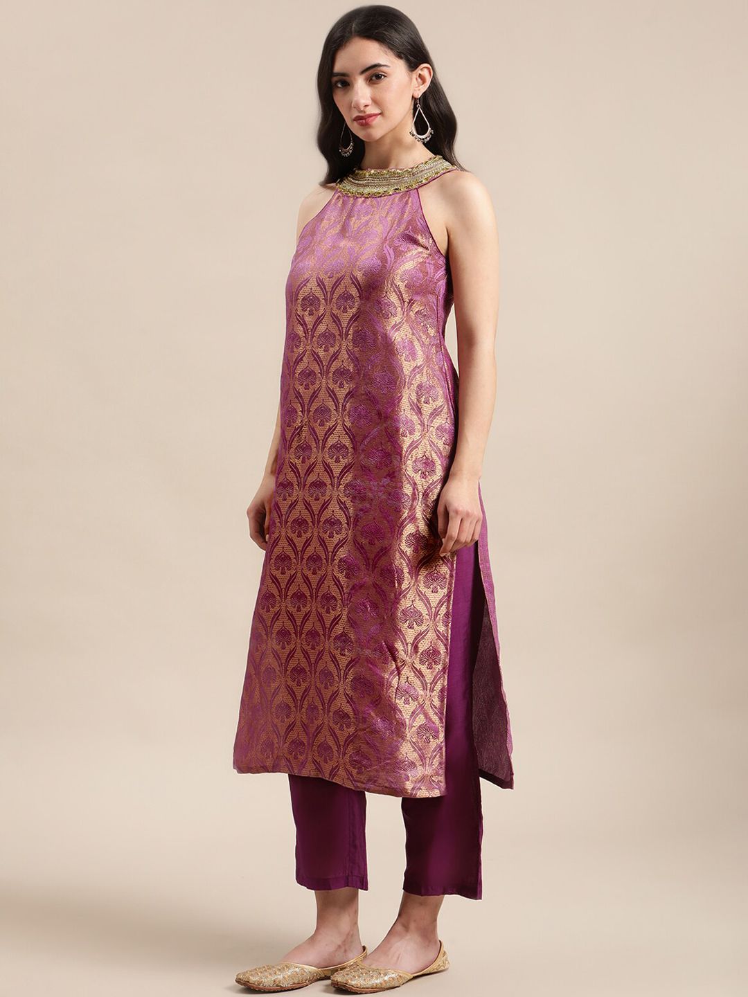 Indyancart VA Women Purple Ethnic Motifs Woven Design Kurta With Palazzos & Dupatta