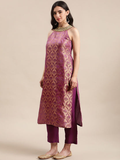 Indyancart VA Women Purple Ethnic Motifs Woven Design Kurta With Palazzos & Dupatta
