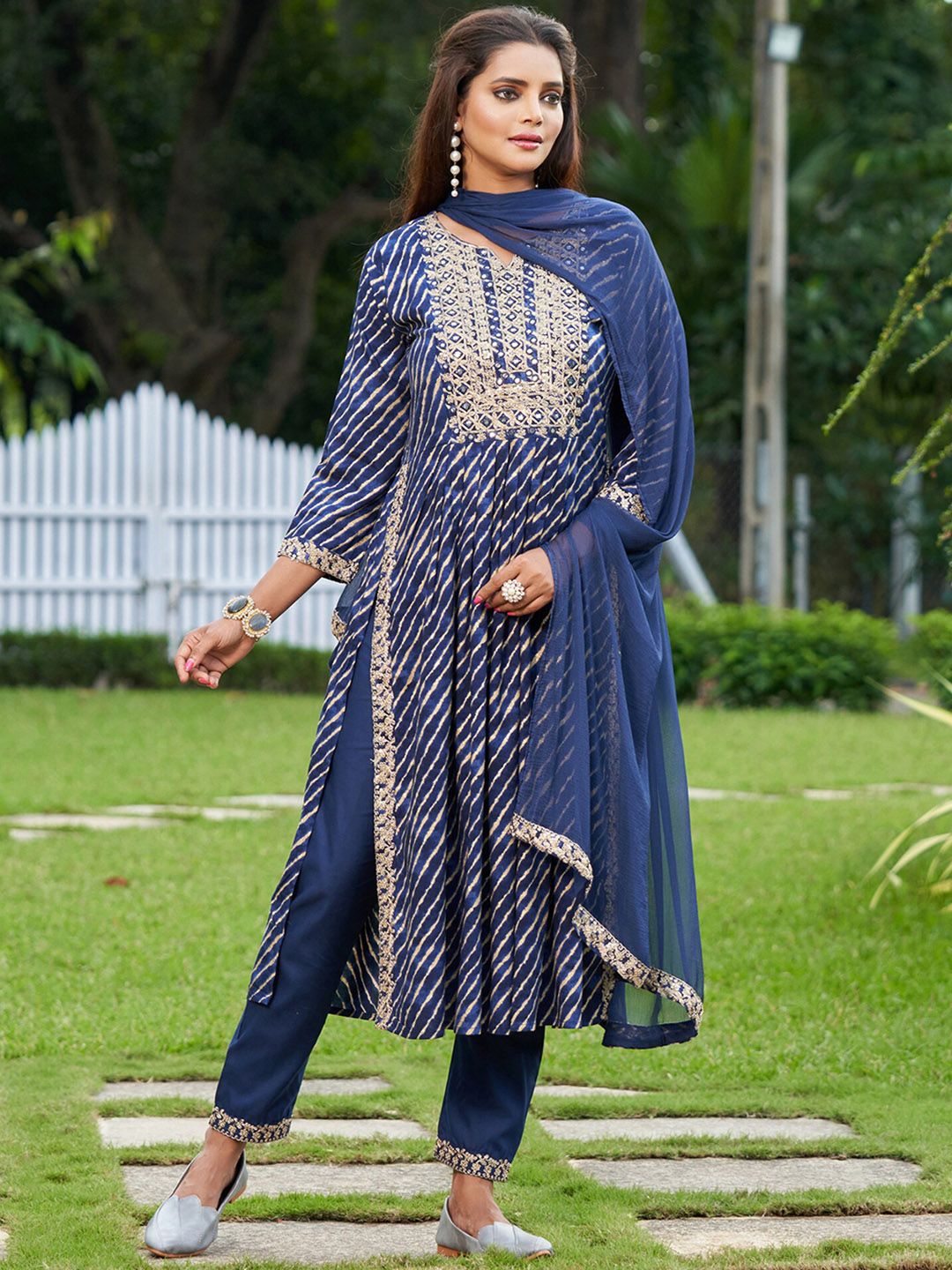 Indyancart IE Blue Leheriya Printed A-Line Thread Work Kurta With Trousers & Dupatta
