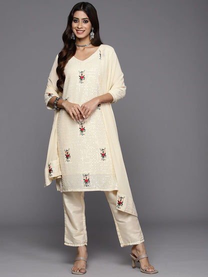Indyancart IE Women Floral Embroidered Regular Sequinned Kurta with Sharara & With Dupatta
