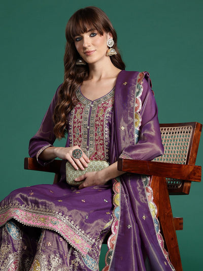 Dhiyona IE Ethnic Motifs Embroidered Sequinned Kurta with Palazzos & Dupatta