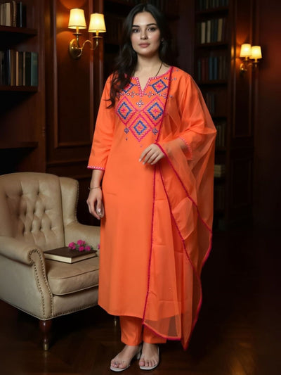 Indyancart IE Women Geometric Embroidered V-Neck Mirror Work Kurta with Trousers & Dupatta