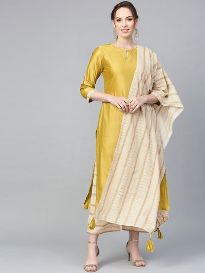 Dhiyona IE Muted Dandelion Ethnic Stripes Keyhole Kurta Set with Stole