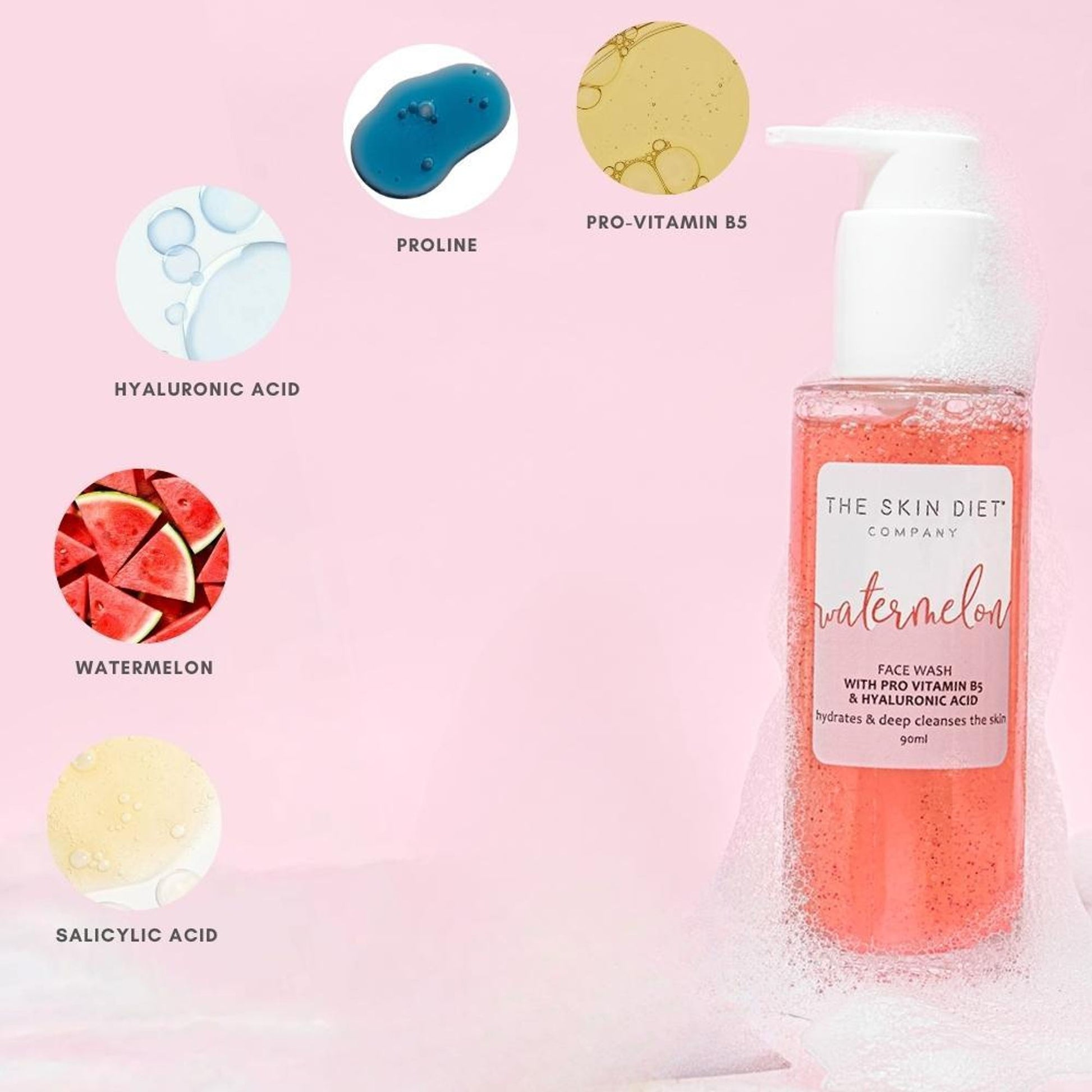 The Skin Diet Company Watermelon Face Wash - Dull, Dry & Oily Skin, HA, Salycylic Acid, Vitamin B