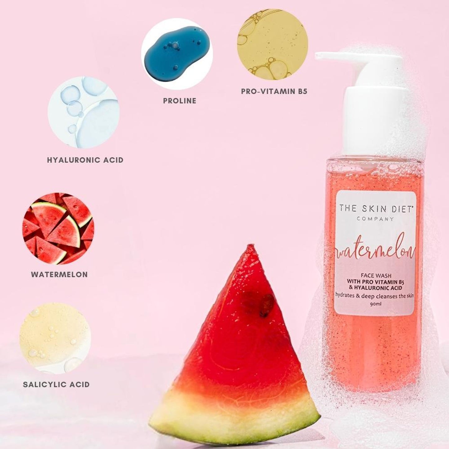The Skin Diet Company Watermelon Face Wash - Dull, Dry & Oily Skin, HA, Salycylic Acid, Vitamin B