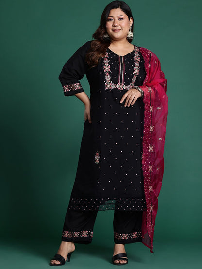 Indyancart Women's Plus Size Floral Embroidered Sequinned Kurta with Trousers & Dupatta