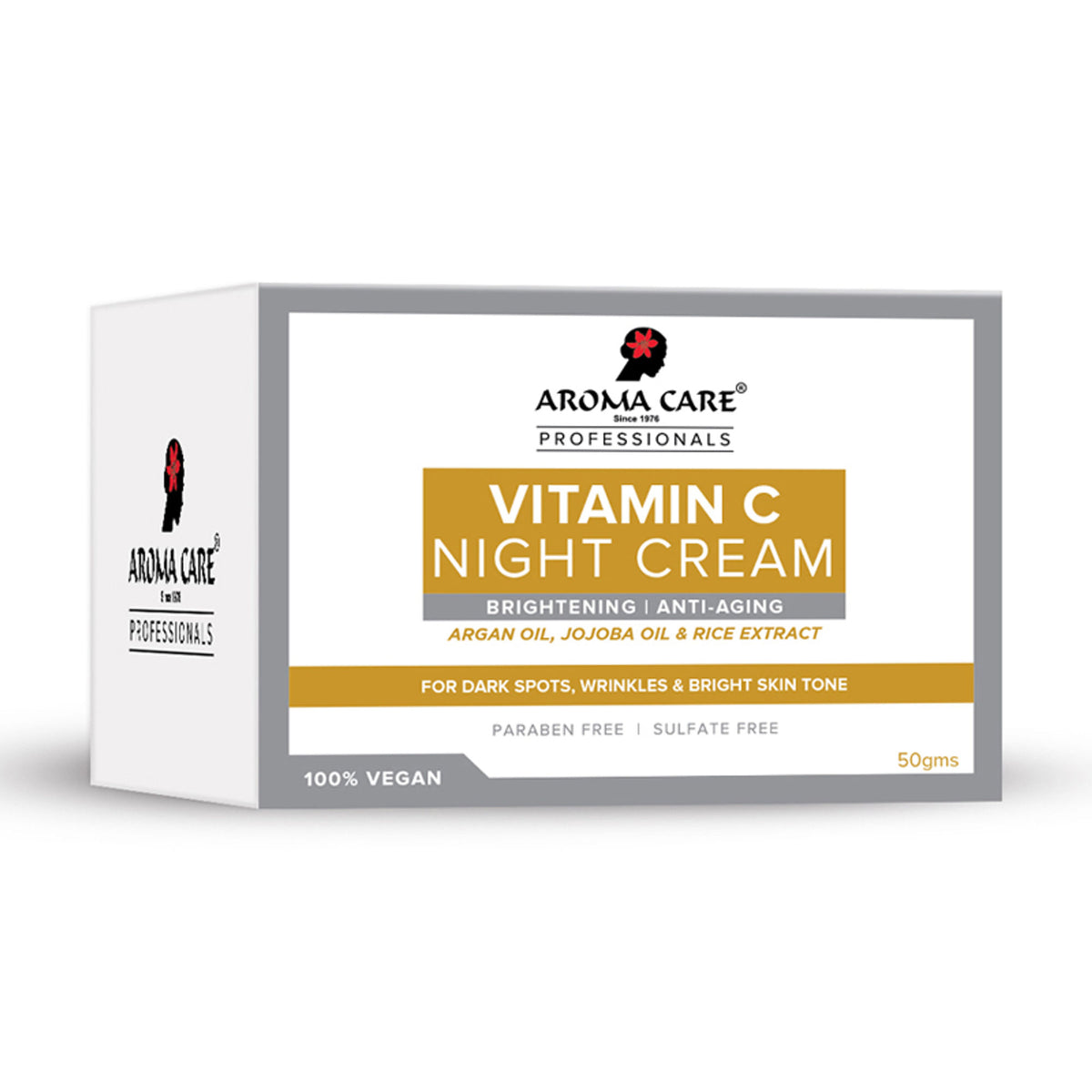 Aroma Care Vitamin C Night Cream with jojoba, argan, and almond oils for skin nourishment and replenishment.