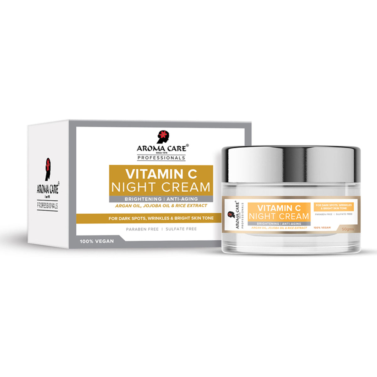 Aroma Care Vitamin C Night Cream with jojoba, argan, and almond oils for nourishing and replenishing skin overnight.