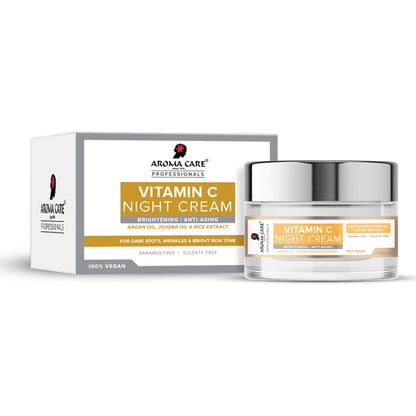 Aroma Care Vitamin C Night Cream with jojoba, argan, and almond oils for nourishing and replenishing skin overnight.