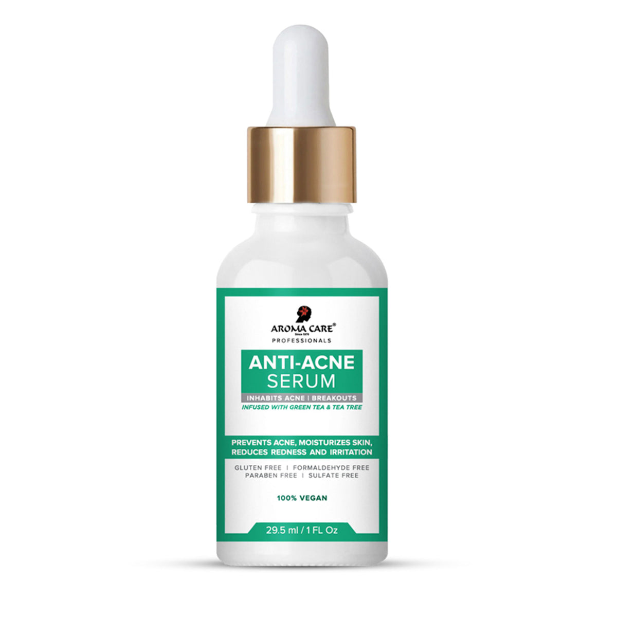 Aroma Care Pro Anti-Acne Serum in a clear glass bottle with a dropper, featuring a sleek design for clear skin treatment.