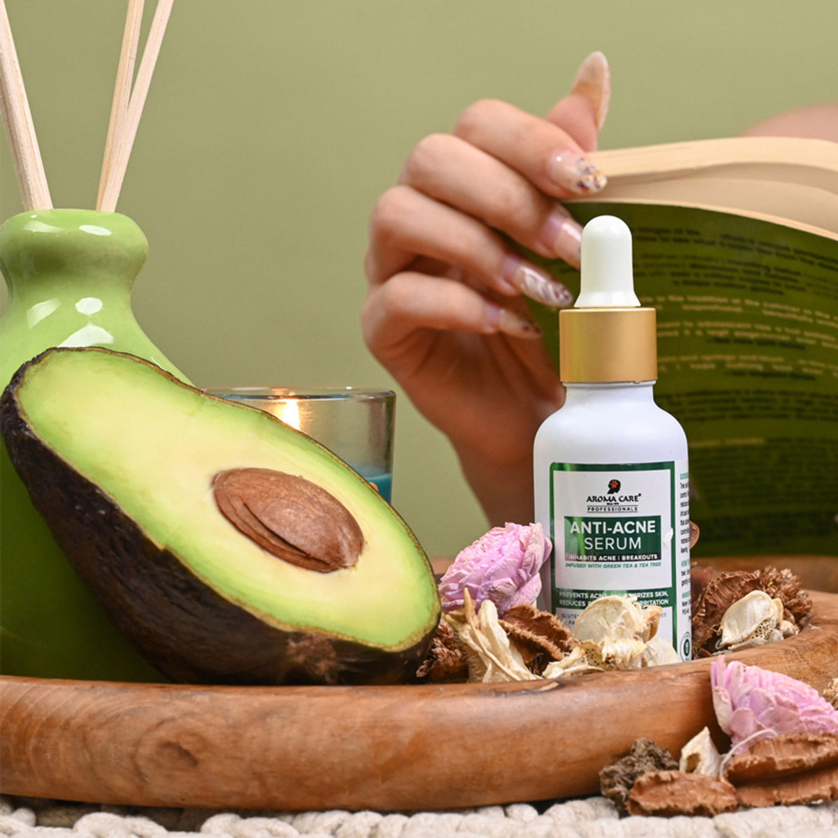 Aroma Care Pro Anti-Acne Serum bottle with dropper, featuring clear liquid and minimalist label, designed for skincare.