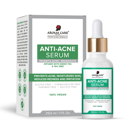 Aroma Care Pro Anti-Acne Serum bottle with dropper, featuring clean label and sleek design on a white background.