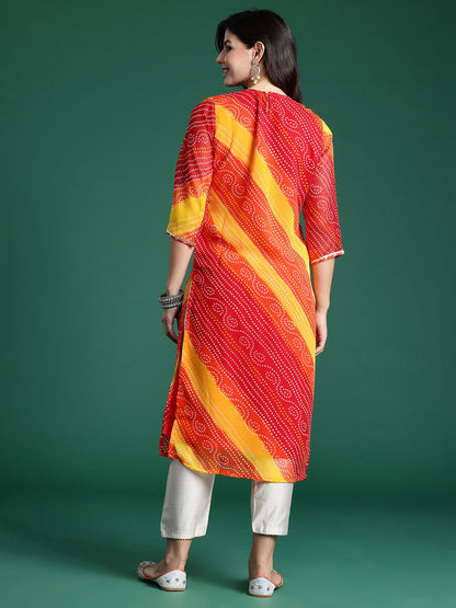 Indyancart IE Bandhani Printed Zari Georgette Kurta