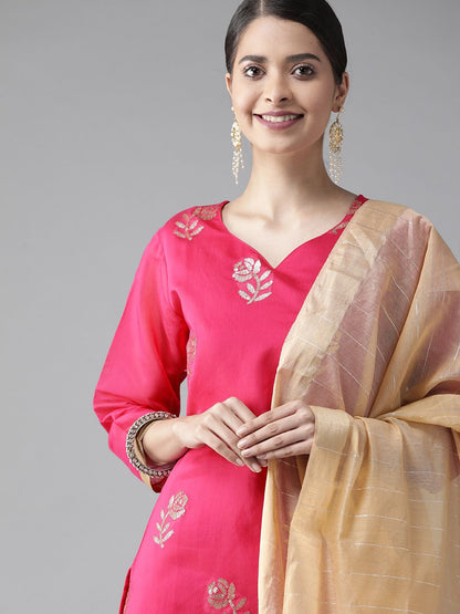 Dhiyona IE Women Pink Floral Embroidered Regular Sequinned Chanderi Cotton Kurta with Trousers & With Dupatta