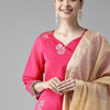 Dhiyona IE Women Pink Floral Embroidered Regular Sequinned Chanderi Cotton Kurta with Trousers & With Dupatta
