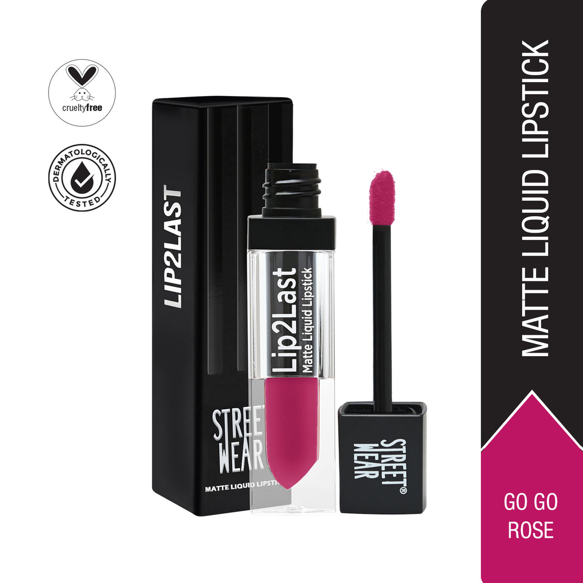 Street Wear Lip2Last Matte Liquid Lipstick in Go Go Rose, featuring a vibrant pink-red lipstick tube on a neutral background.