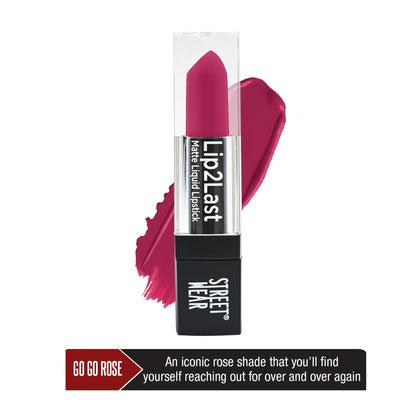 Street Wear Lip2last Matte Liquid Lipstick in Go Go Rose, showcasing the vibrant pink liquid lipstick with a matte finish.