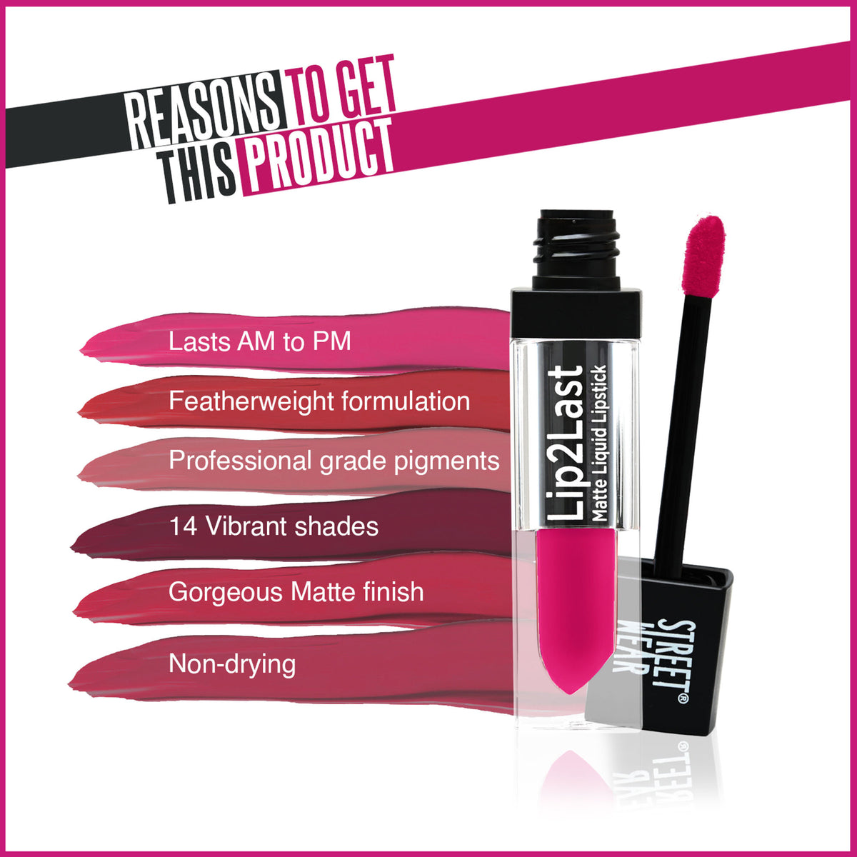 Street Wear Lip2last Matte Liquid Lipstick in Go Go Rose, showing vibrant pink-red lipstick applied on lips.