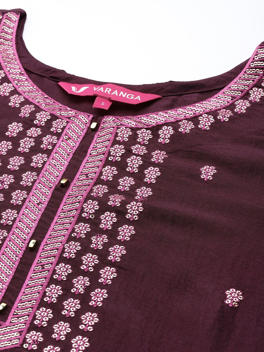 Indyancart VA Women's Burgundy Floral Embroidered Sequinned Kurta with Trousers & Dupatta