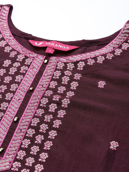 Indyancart VA Women's Burgundy Floral Embroidered Sequinned Kurta with Trousers & Dupatta