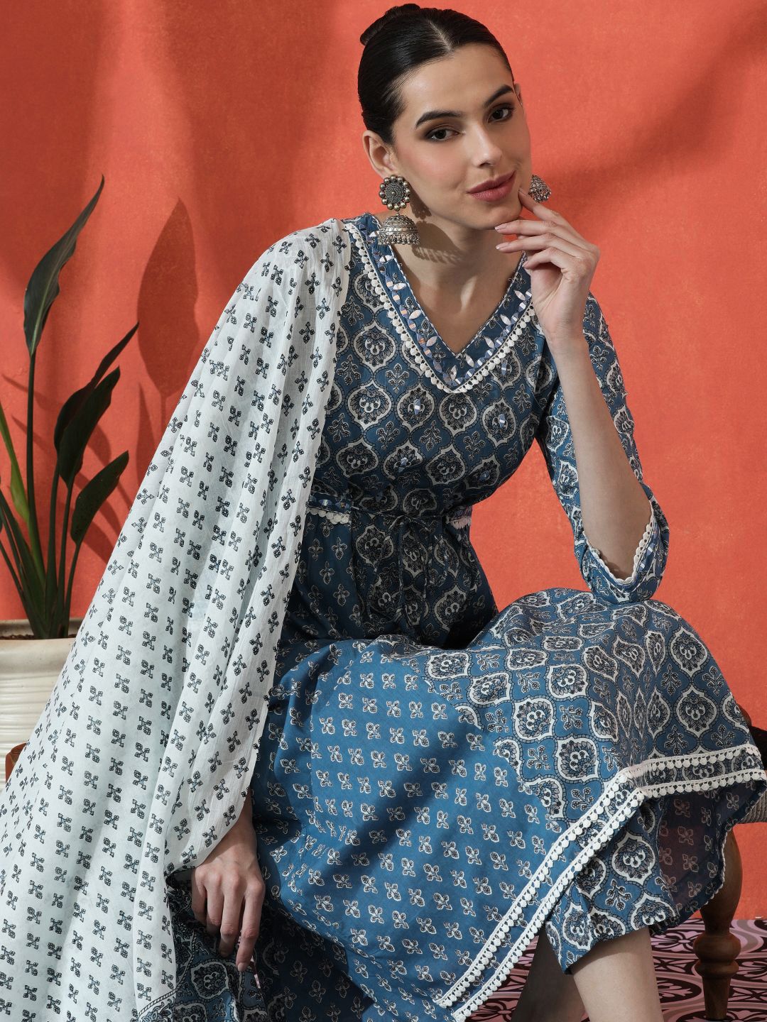 Indyancart SN Women's Floral Embroidered A-Line Pure Cotton Kurta With Trousers & Dupatta