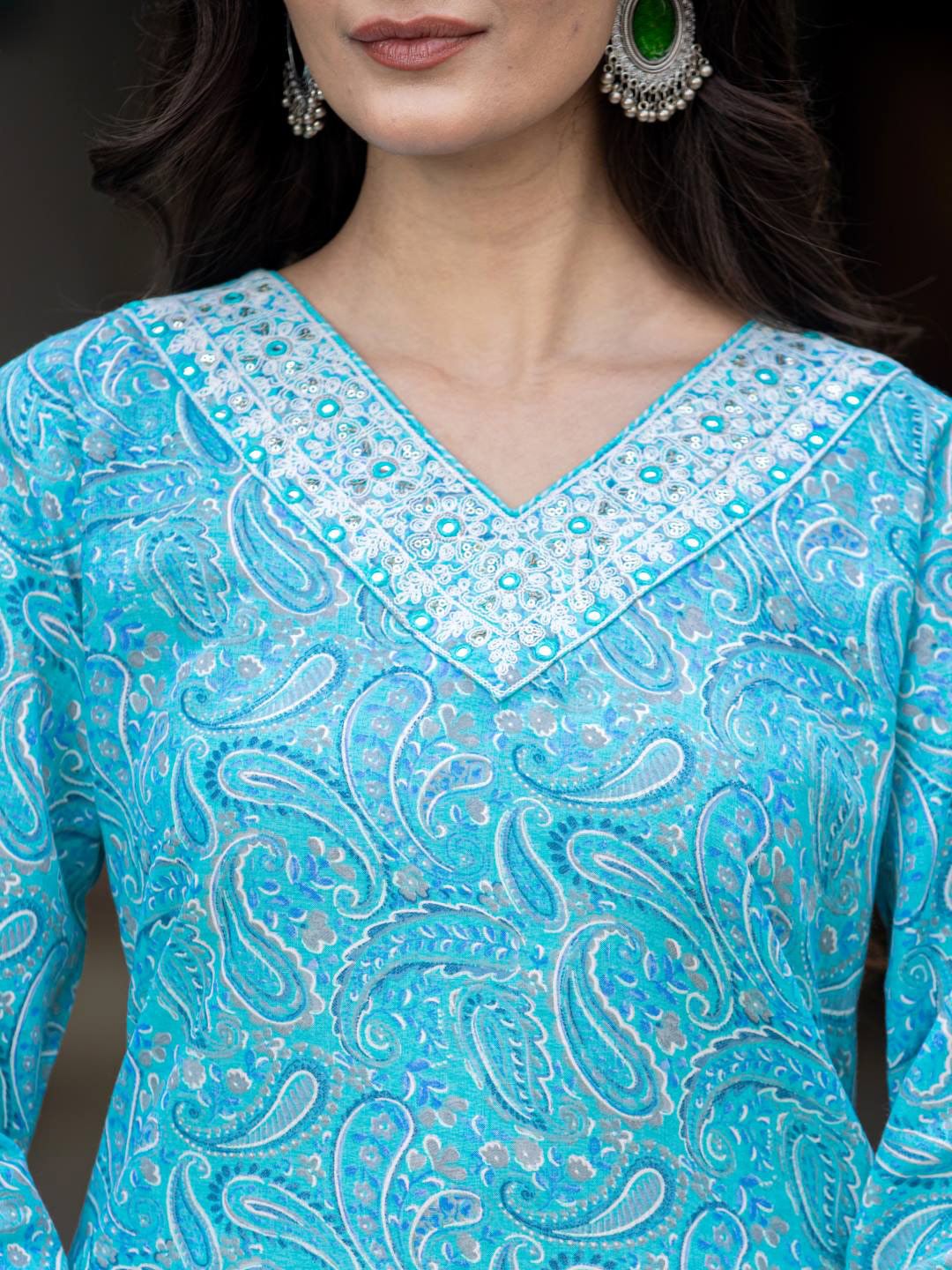 Indyancart VA Women'sPaisley Printed Regular Mirror Work Kurta with Trouser & Dupatta
