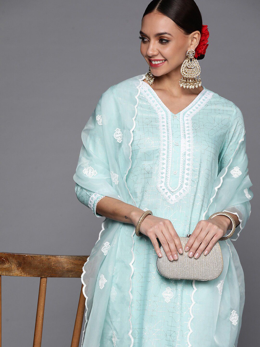 Indyancart IE Women Ethnic Motifs Embroidered Thread Work Kurta With Trousers & Dupatta