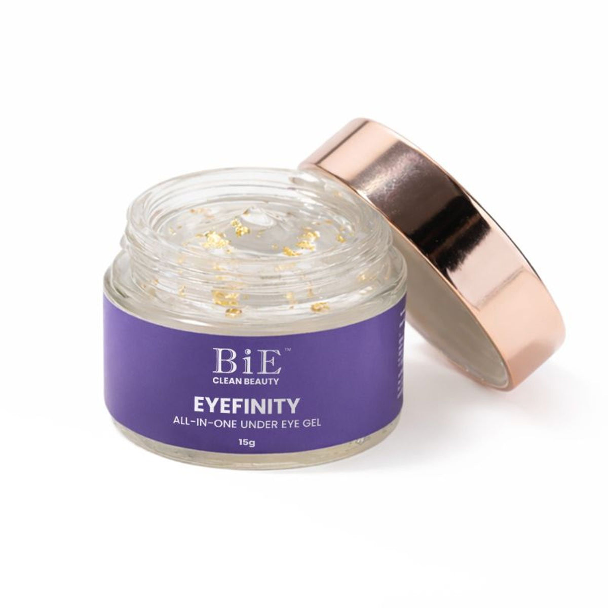 BiE Eyefinity Under Eye Gel with gold, silver leaf, and stem cells targeting dark circles, wrinkles, and puffiness.