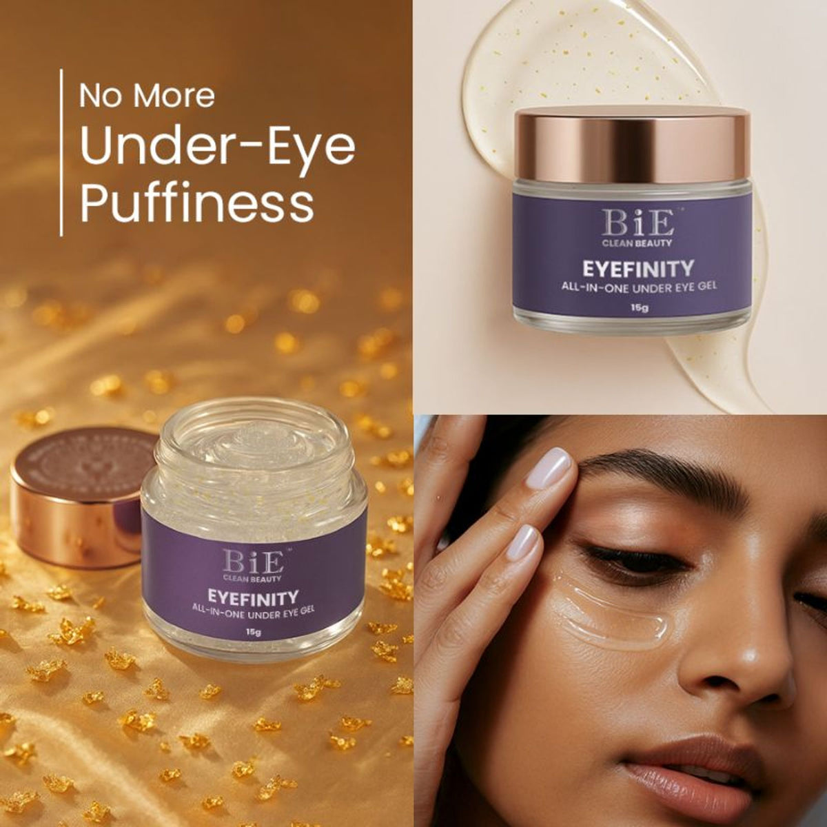 BiE Eyefinity Under Eye Gel with gold, silver leaf, and stem cells for dark circles, wrinkles, and puffiness under the eyes.