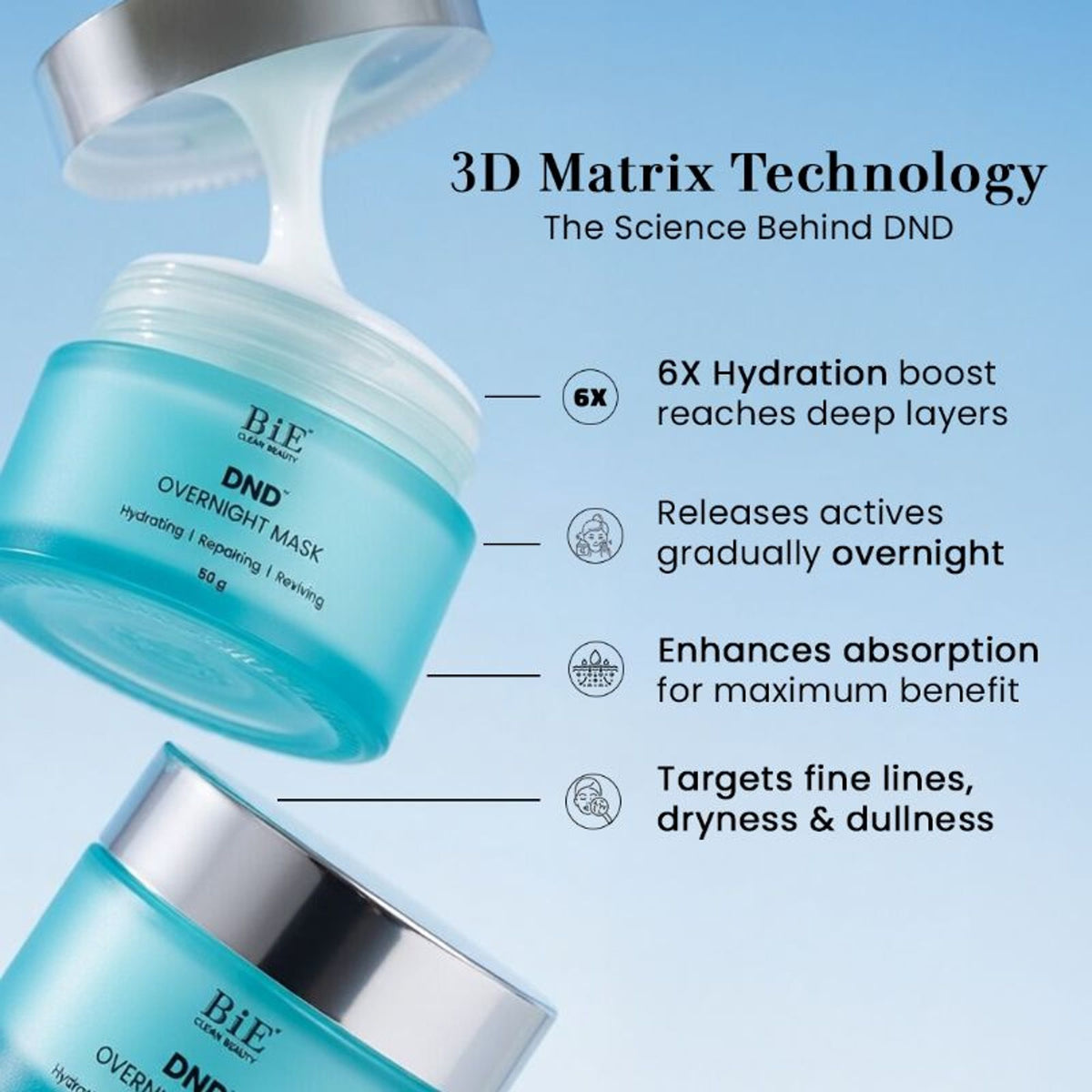 BiE DND overnight sleeping face mask with ceramides and bakuchiol for hydrating, plumping, and repairing skin barrier.