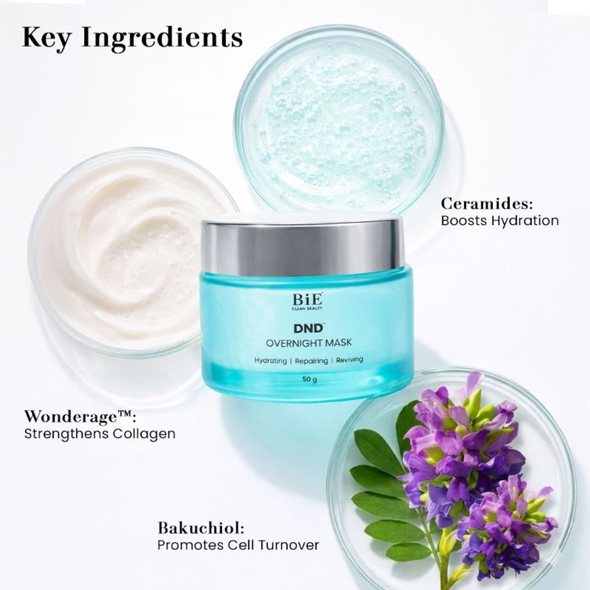 BiE DND overnight sleeping face mask with ceramides and bakuchiol, hydrating and repairing skin barrier while you sleep.