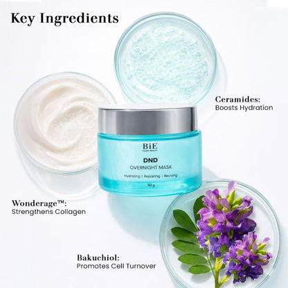 BiE DND overnight sleeping face mask with ceramides and bakuchiol, hydrating and repairing skin barrier while you sleep.