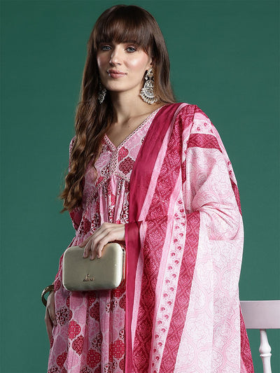Indyancart IE Ethnic Motifs Printed Empire Mirror Work Pure Cotton Kurta Set