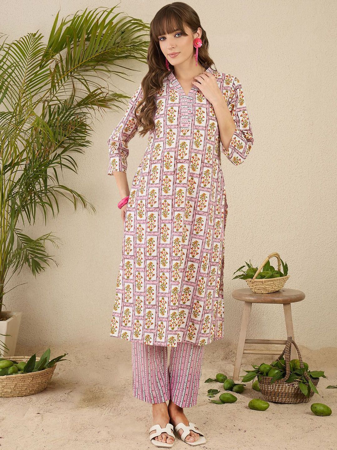 Indyancart IE Printed Pure Cotton Straight Tunic & Trousers Co-Ord Set