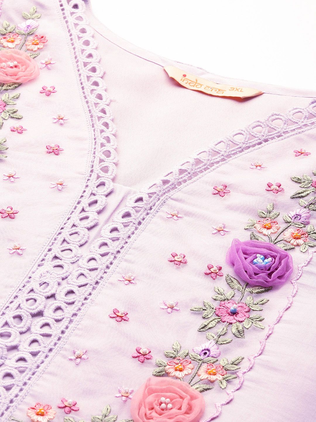 Indyancart Women's Plus Size Floral Embroidered Beads & Stones Kurta with Trousers & With Dupatta