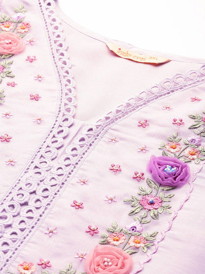Indyancart Women's Plus Size Floral Embroidered Beads & Stones Kurta with Trousers & With Dupatta